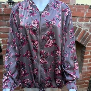 Self Esteem Womens 3X Floral‎ Bomber Jacket Mauve Purple Satin Zip Up Plus Size